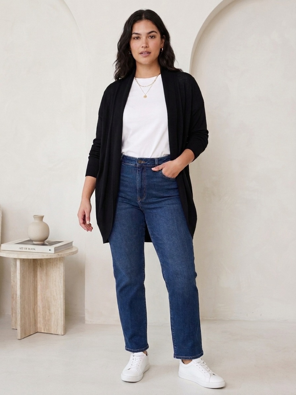 Addition Elle Draped Open-Front Black Cardigan